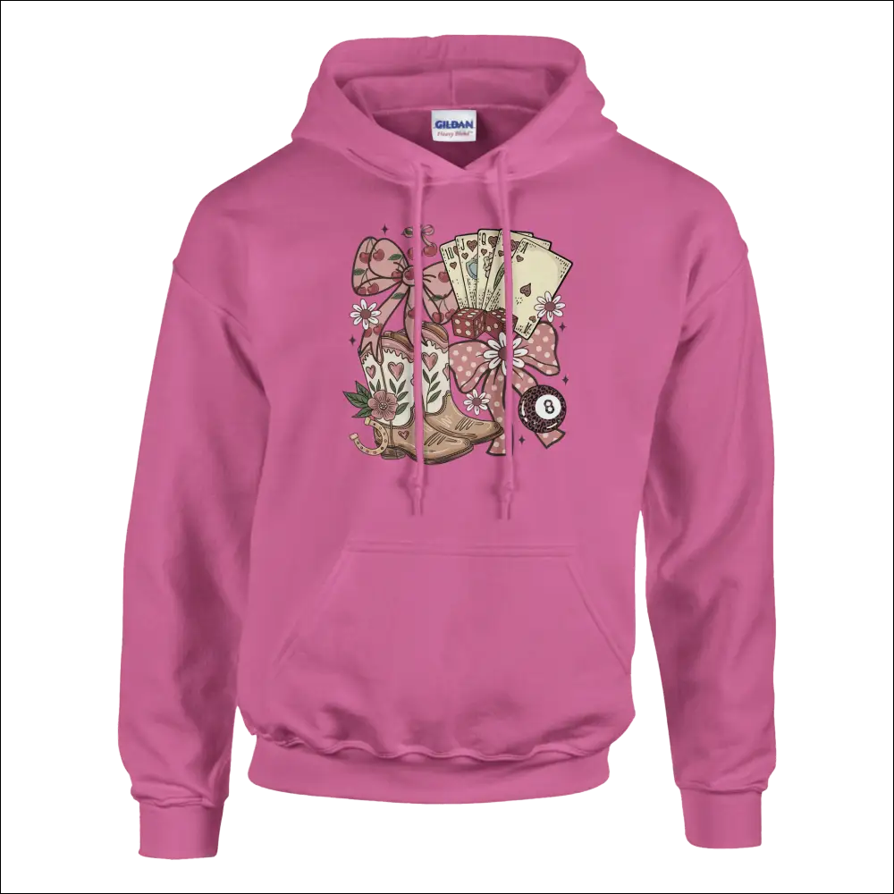 Pink Gildan Unisex Country Charm Hoodie with colorful cowboy boots, cards, bow