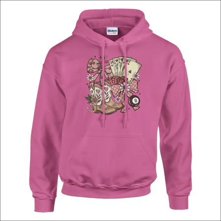 Pink Gildan Unisex Country Charm Hoodie with colorful cowboy boots, cards, bow