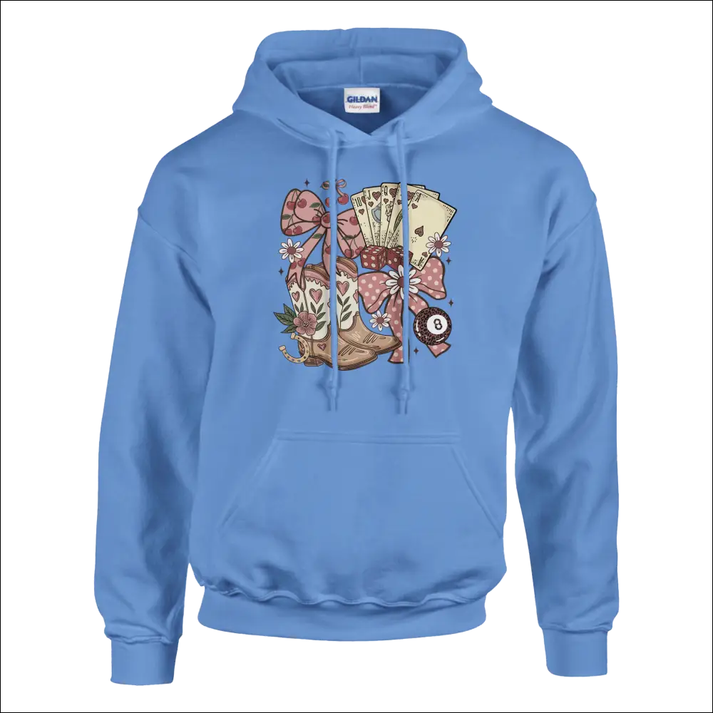 Light blue Gildan Unisex Country Charm Hoodie with colorful cowboy boots, cards, bow graphic