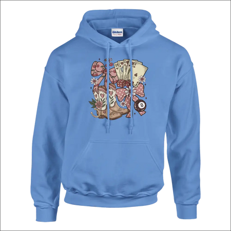 Light blue Gildan Unisex Country Charm Hoodie with colorful cowboy boots, cards, bow graphic