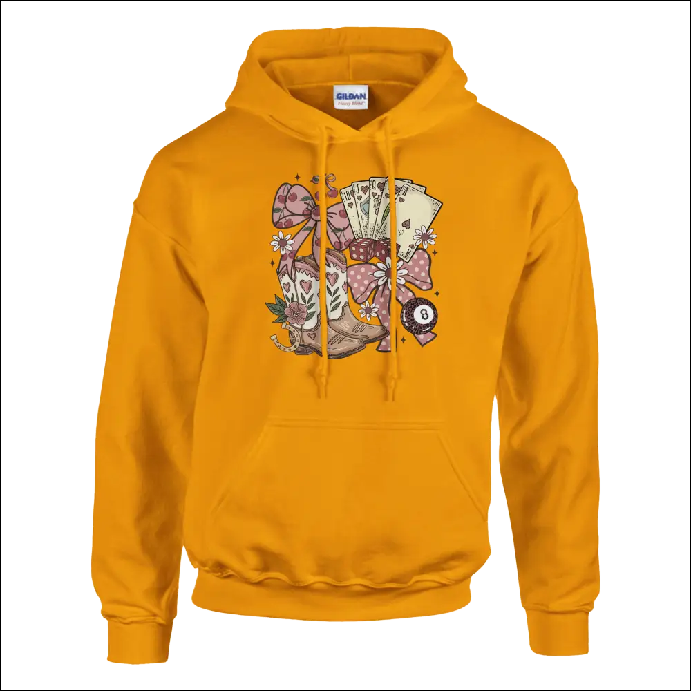 Vibrant gold Gildan unisex Country Charm hoodie with cowboy boots, cards, florals