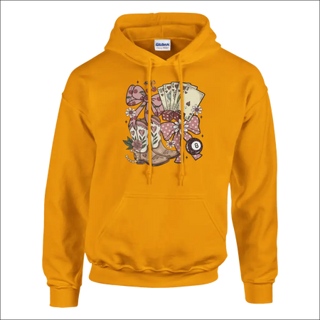 Vibrant gold Gildan unisex Country Charm hoodie with cowboy boots, cards, florals