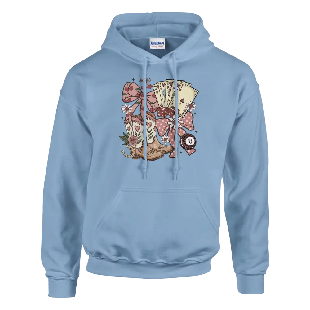 Light blue Gildan Unisex Country Charm Hoodie with colorful cowboy boots, cards, and pink polka-dot bow