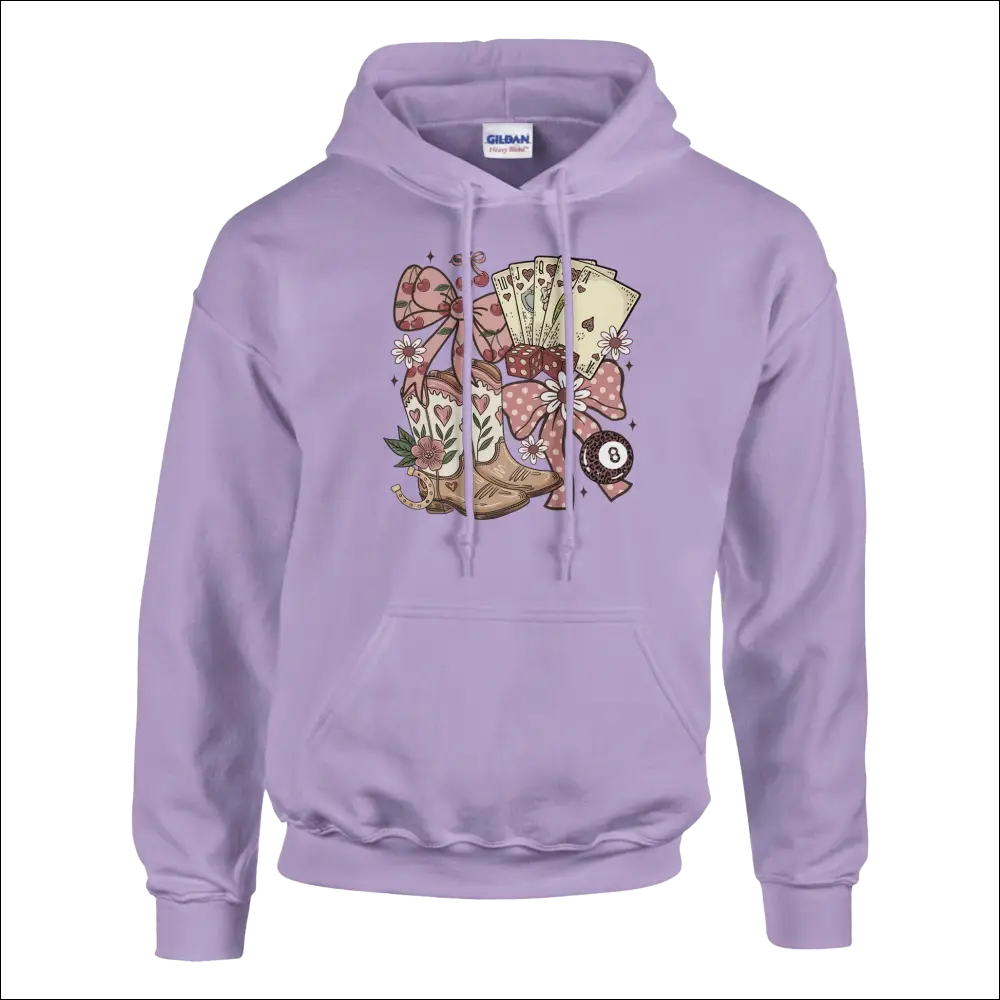 Lavender unisex country charm hoodie with cowboy boots, cards, bows graphic