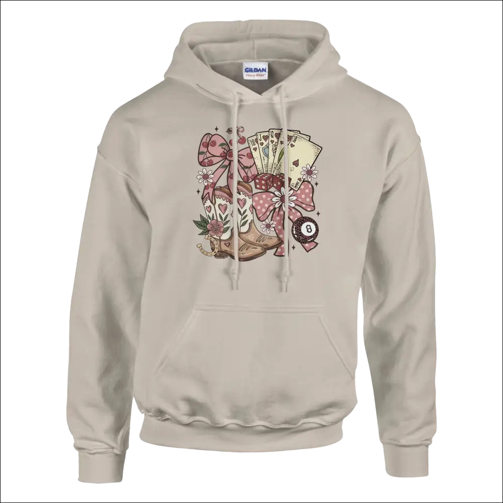 Beige Gildan Unisex Country Charm Hoodie with colorful cowboy boots, cards, and pink polka-dot bows