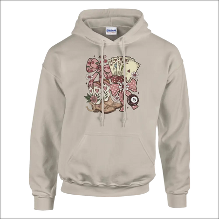 Beige Gildan Unisex Country Charm Hoodie with colorful cowboy boots, cards, and pink polka-dot bows