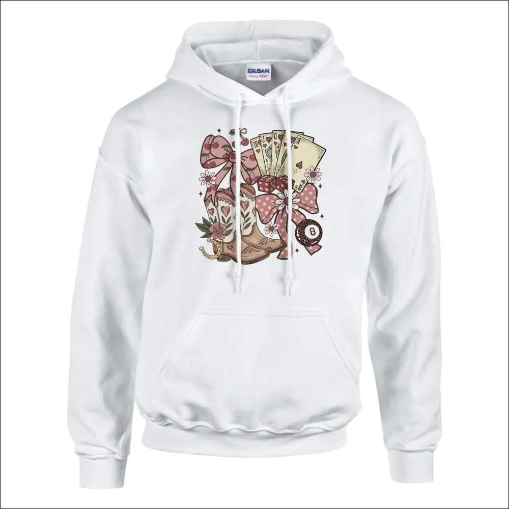 White Gildan unisex country charm hoodie with colorful cowboy boots, cards, and pink bows