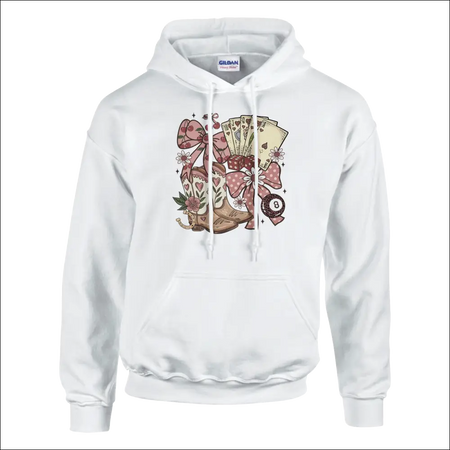 White Gildan unisex country charm hoodie with colorful cowboy boots, cards, and pink bows