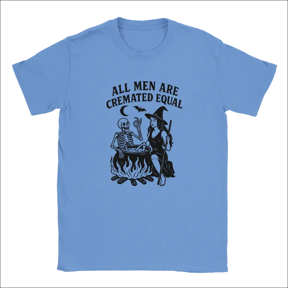 Light blue unisex Halloween t-shirt with witch and skeleton graphic