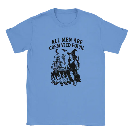 Light blue unisex Halloween t-shirt with witch and skeleton graphic