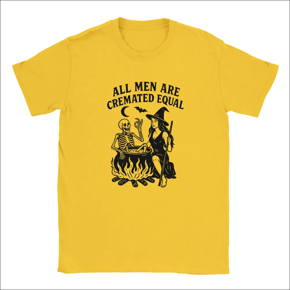 Yellow unisex Halloween t-shirt with witch skeleton graphic and Cremated Equal text
