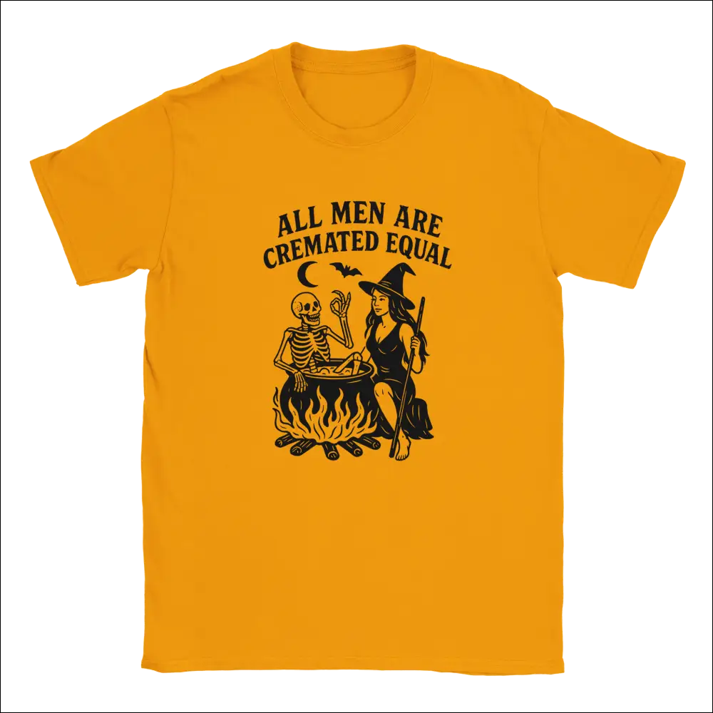 Unisex Halloween t-shirt with witch skeleton cauldron graphic and All Men Are Cremated Equal text