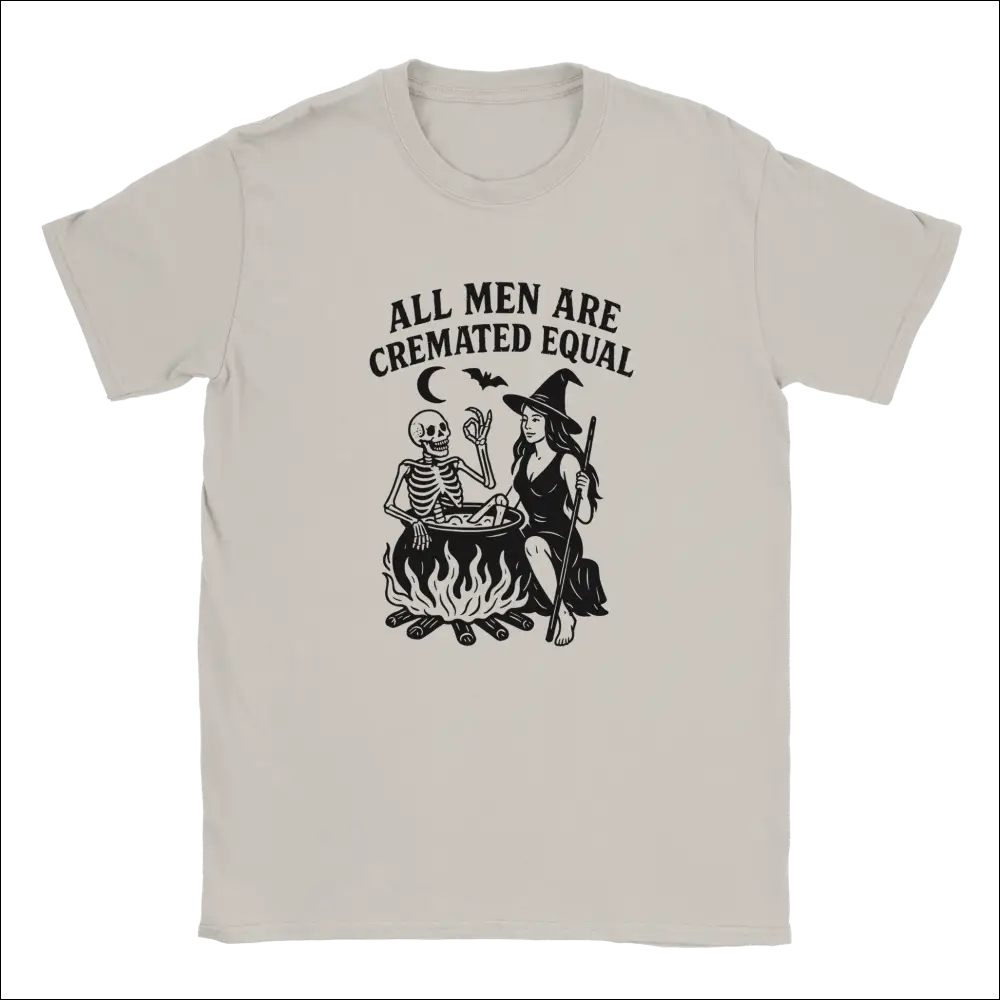 Unisex Halloween off-white t-shirt with witch and skeleton graphic: All men are cremated equal