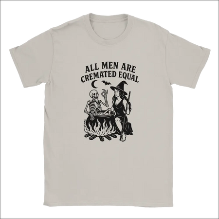 Unisex Halloween off-white t-shirt with witch and skeleton graphic: All men are cremated equal