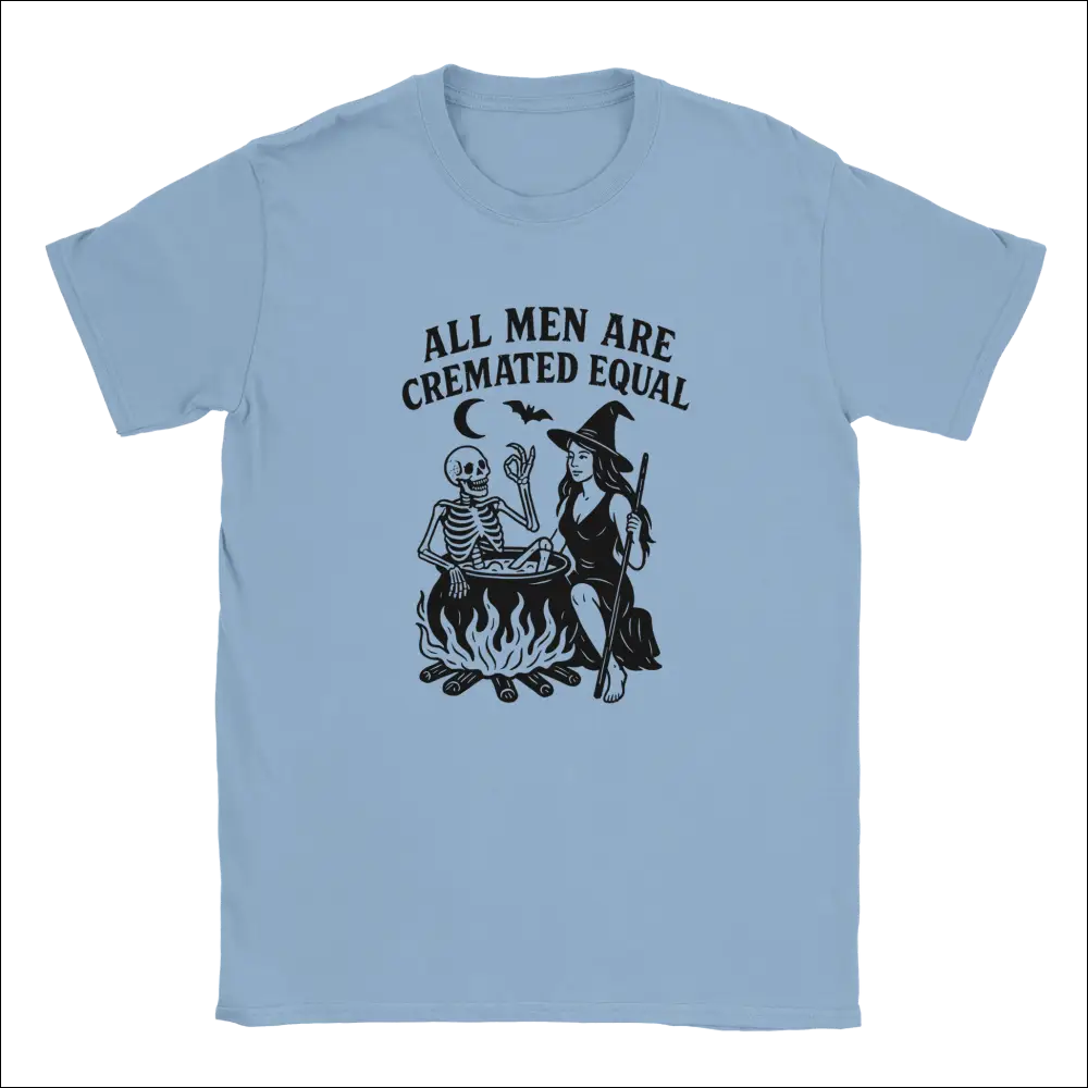 Light blue unisex Halloween t-shirt with witch skeleton cauldron graphic and All Men Are Cremated Equal text