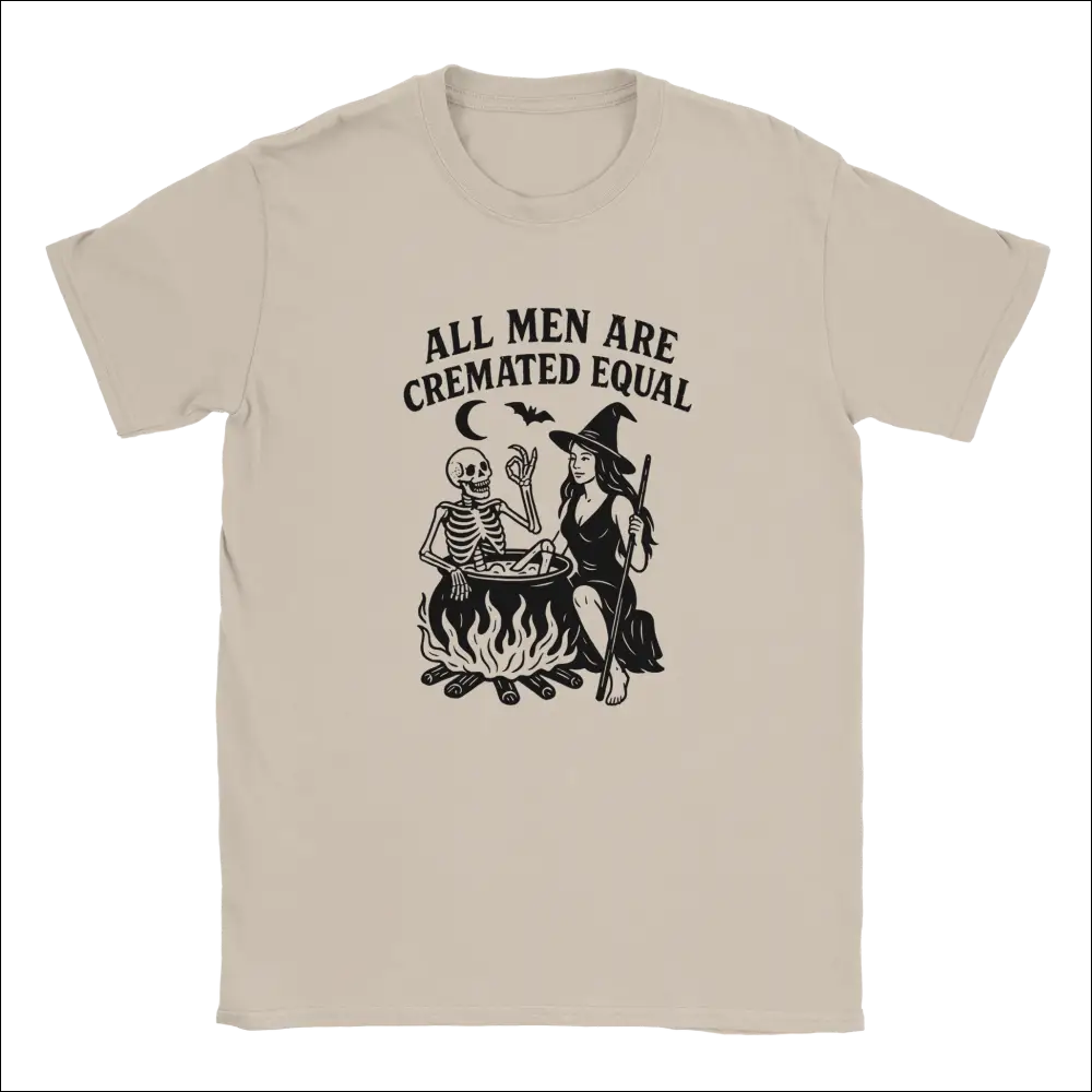 Beige unisex Halloween t-shirt with witch skeleton cauldron graphic and All Men Are Cremated Equal text