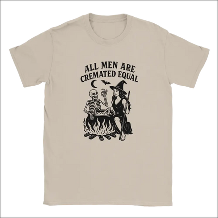 Beige unisex Halloween t-shirt with witch skeleton cauldron graphic and All Men Are Cremated Equal text