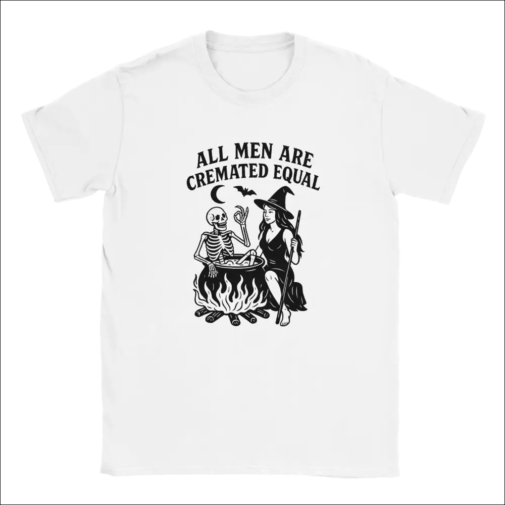 Unisex Halloween T-Shirt with witch skeleton cauldron graphic and All Men Are Cremated Equal text