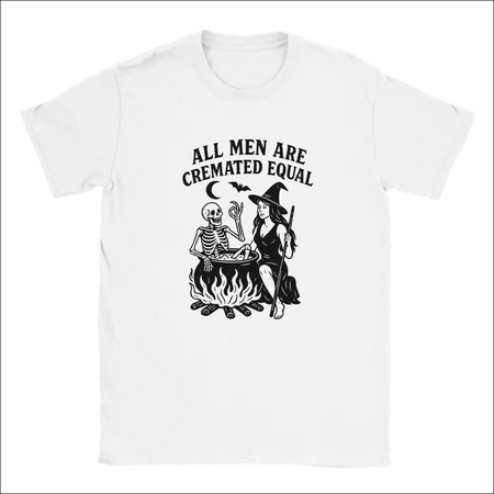 Unisex Halloween T-Shirt with witch skeleton cauldron graphic and All Men Are Cremated Equal text