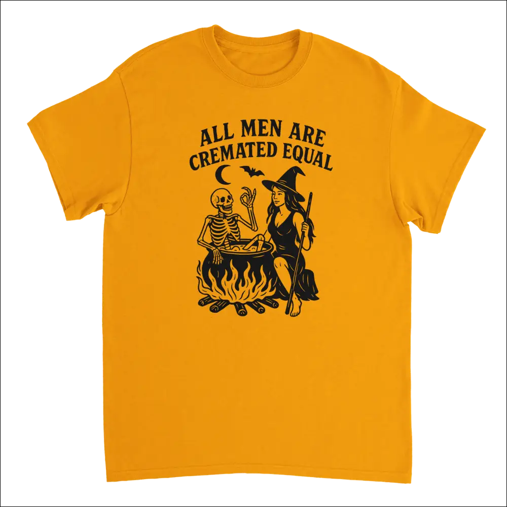 Vibrant orange unisex t-shirt with witch skeleton cauldron graphic and All Men Are Cremated Equal text