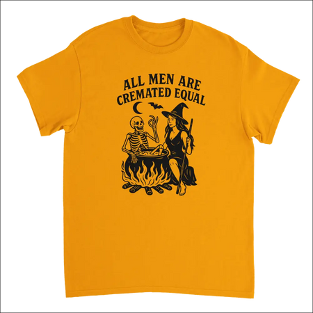 Vibrant orange unisex t-shirt with witch skeleton cauldron graphic and All Men Are Cremated Equal text