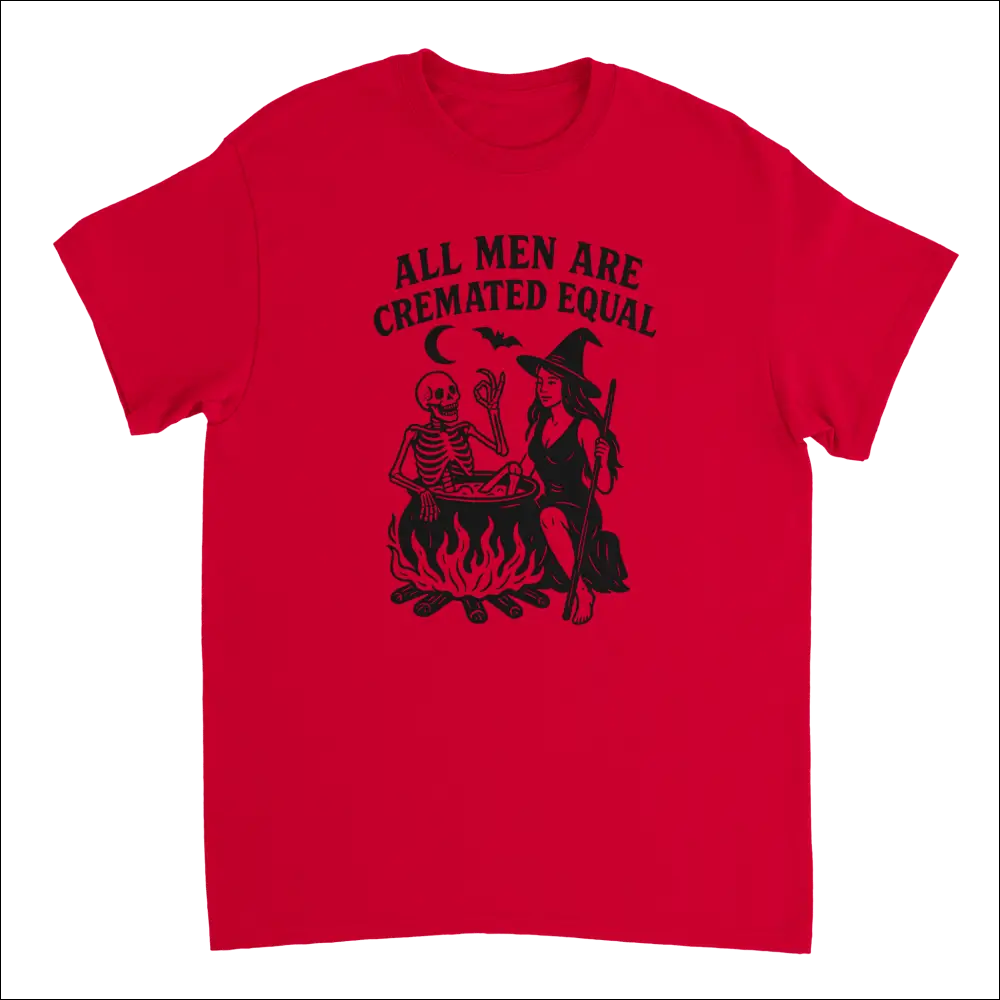 Red unisex t-shirt with witch, skeleton, cauldron graphic and Cremated Equally text