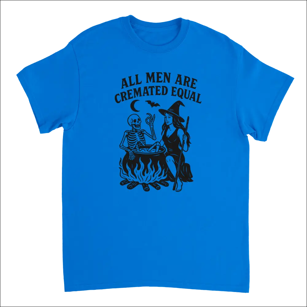 Bright blue unisex t-shirt with witch skeleton graphic and Cremated Equally text