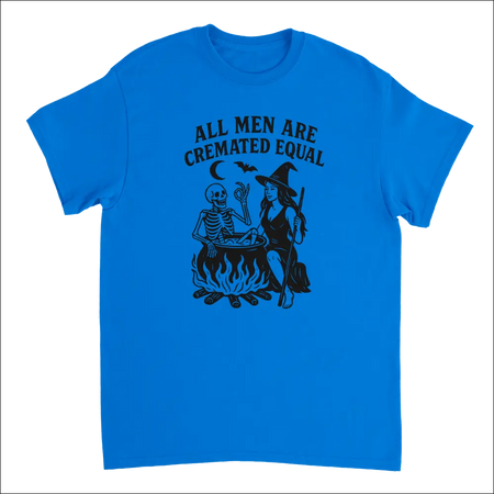 Bright blue unisex t-shirt with witch skeleton graphic and Cremated Equally text