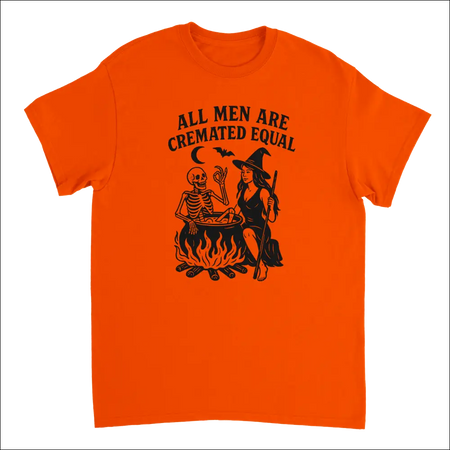 Orange unisex t-shirt with witch skeleton Halloween graphic by cauldron