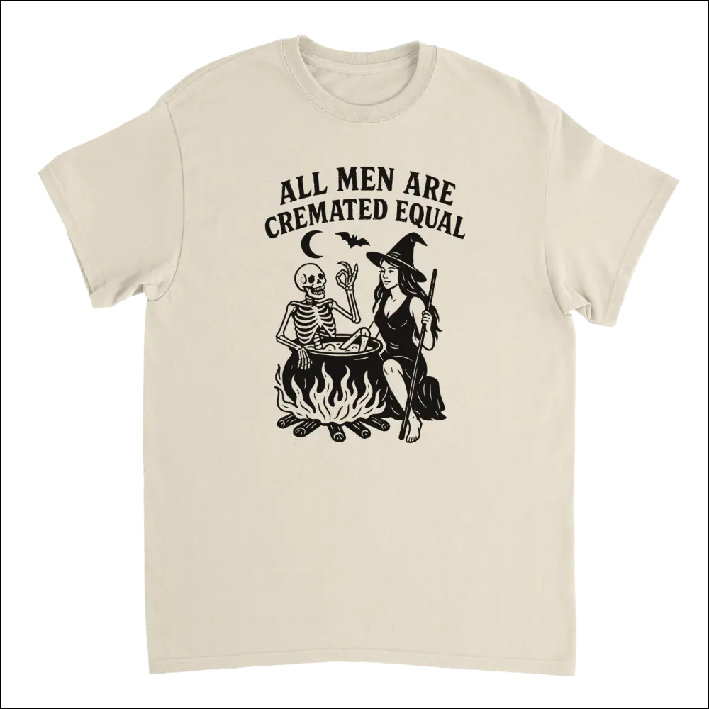 Beige unisex t-shirt with witch skeleton cauldron print and cremated equal text