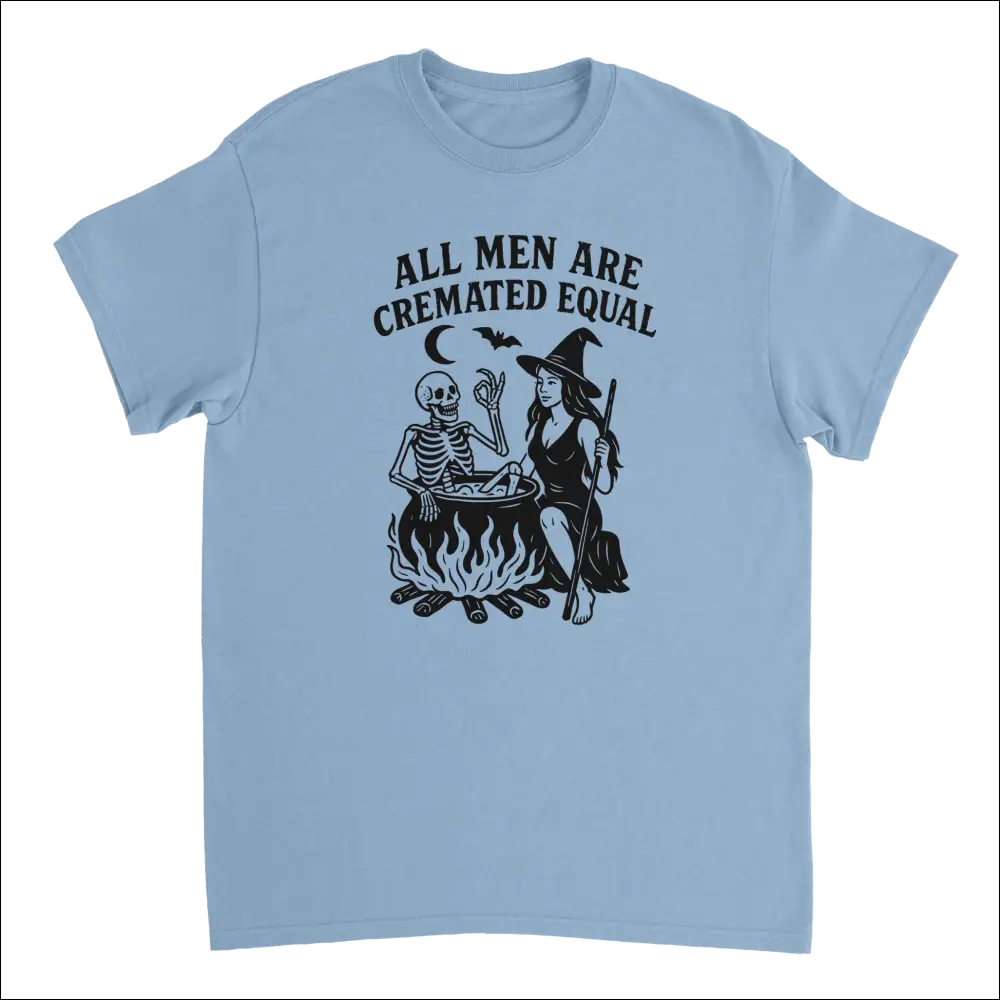 Light blue unisex t-shirt with witch skeleton cauldron print: All men are cremated equal