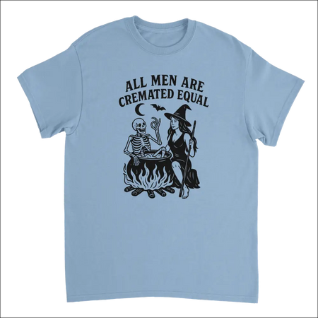 Light blue unisex t-shirt with witch skeleton cauldron print: All men are cremated equal