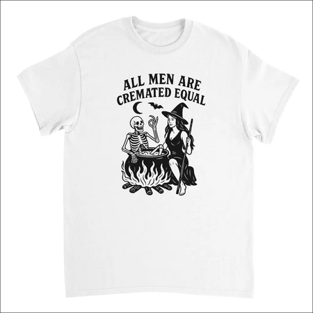 White cotton unisex t-shirt with witch skeleton cauldron and all men are cremated equal text