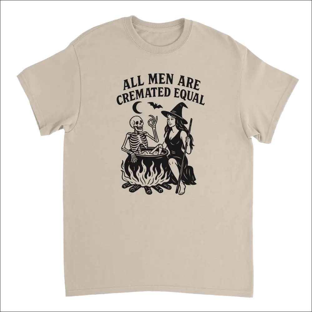 Beige unisex t-shirt with witch skeleton cauldron print: All men are cremated equal