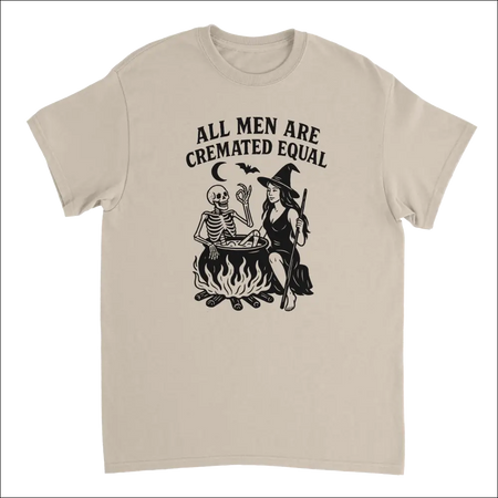 Beige unisex t-shirt with witch skeleton cauldron print: All men are cremated equal