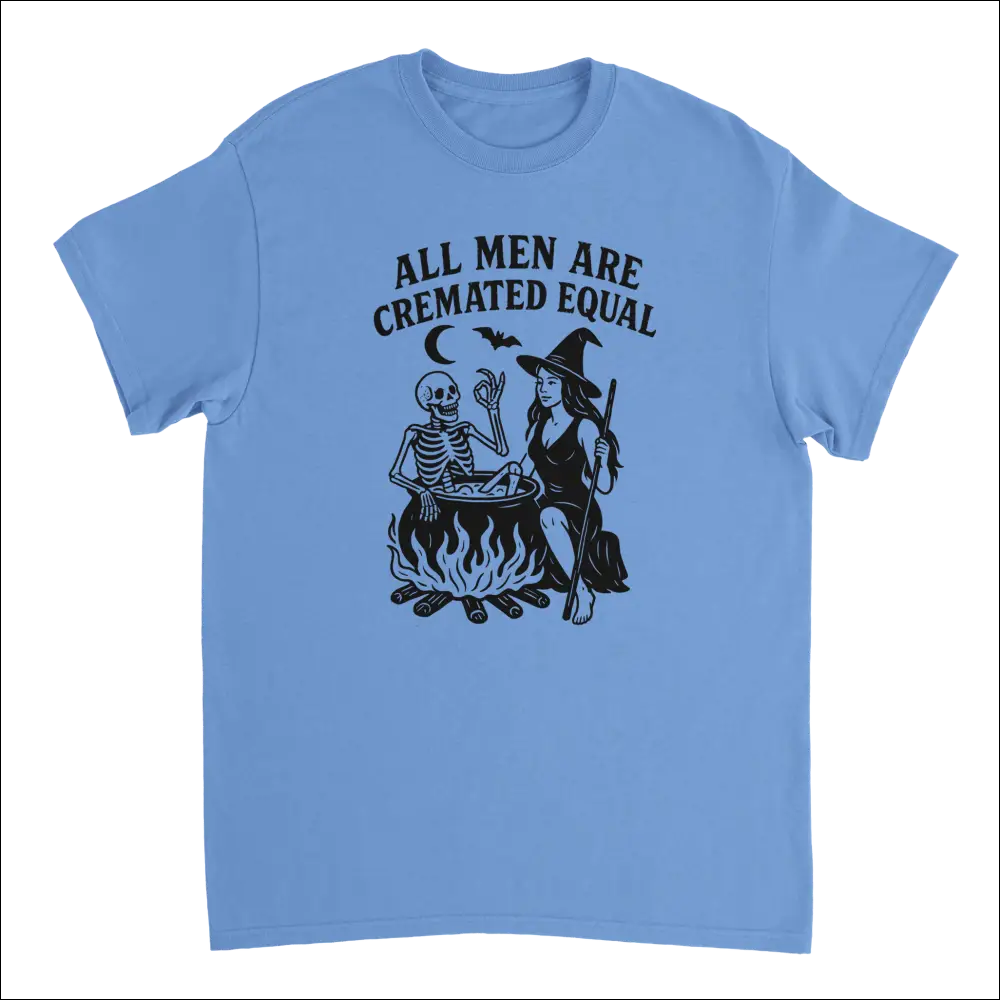 Light blue unisex cotton t-shirt with witch skeleton cauldron print and text All men are cremated equal