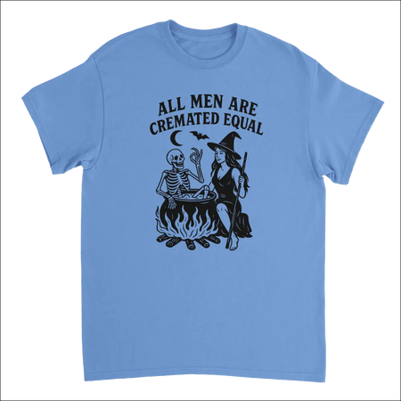 Light blue unisex cotton t-shirt with witch skeleton cauldron print and text All men are cremated equal
