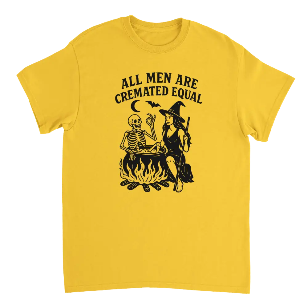 Yellow unisex t-shirt with witch skeleton graphic and All Men Are Cremated Equally print