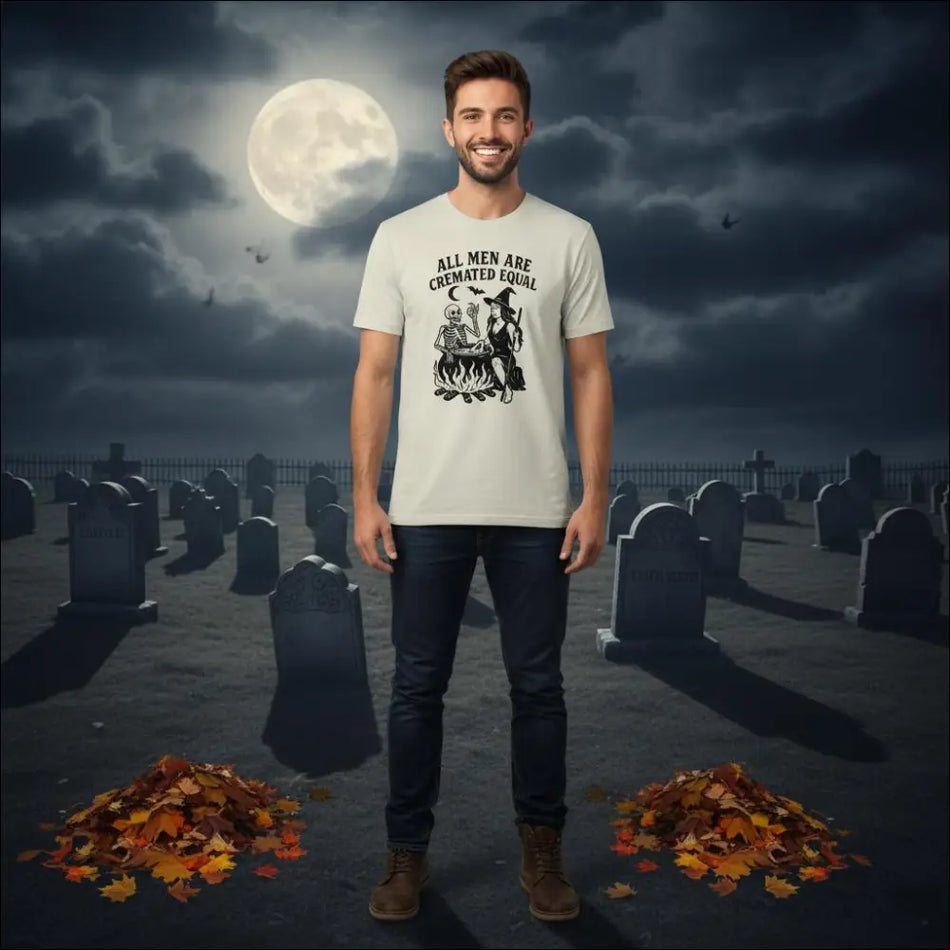 Unisex cream cotton t-shirt with black skeleton witch fire graphic and Cremated Equal text