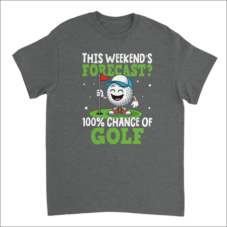 Dark gray golf t-shirt with cartoon ball in cap and shoes holding flagstick and text 100% chance of g