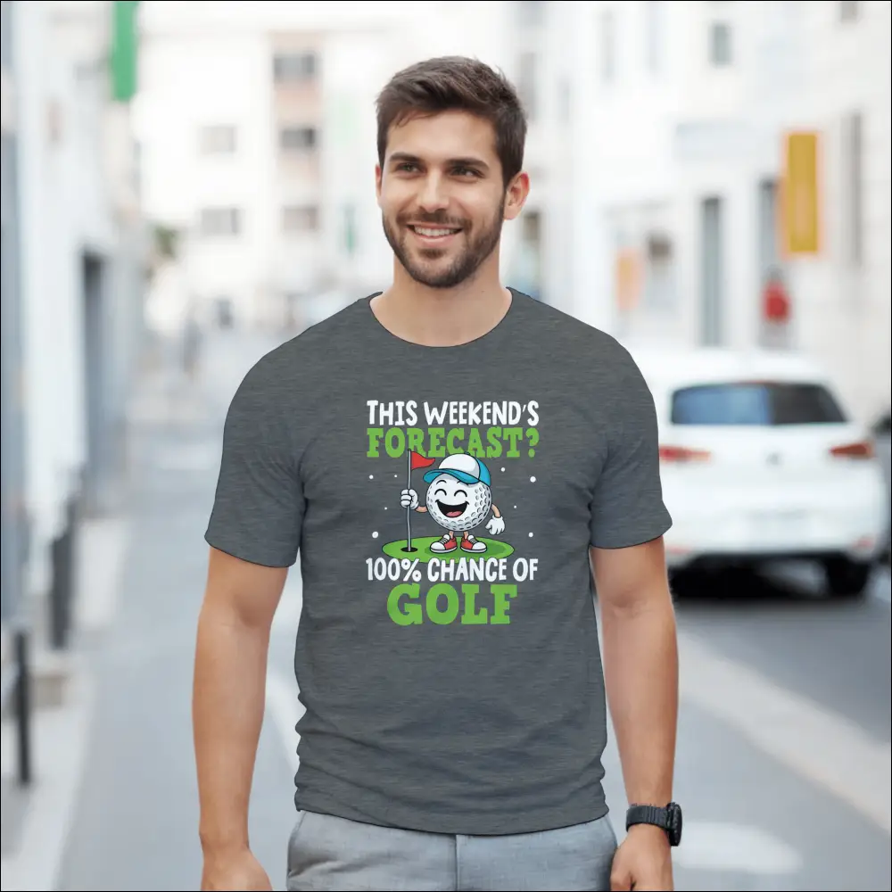 Dark gray cotton t-shirt with cartoon golf ball holding flag: 100% chance of golf