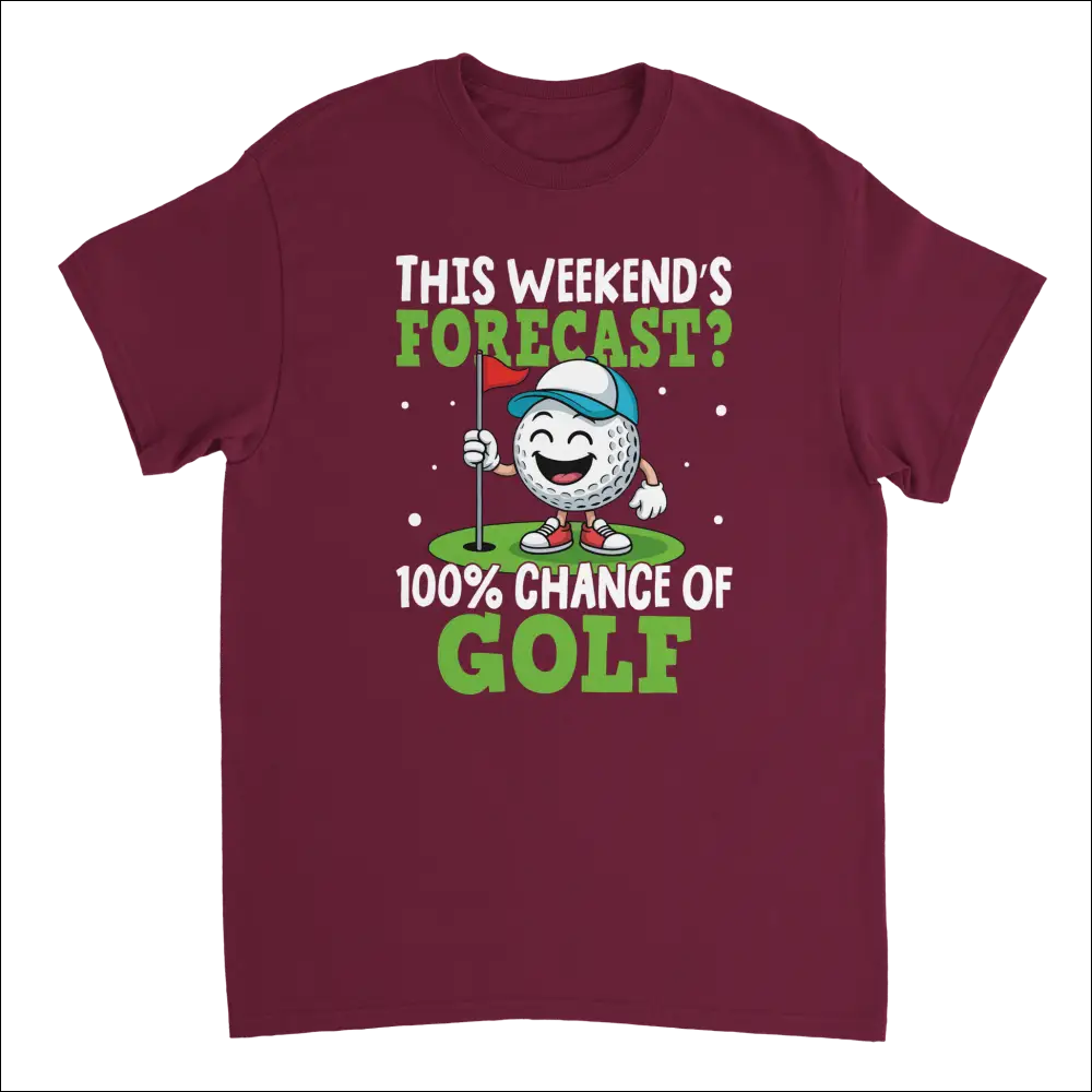 Maroon short-sleeved golf t-shirt with cartoon ball, flagstick, and 100% chance of golf text