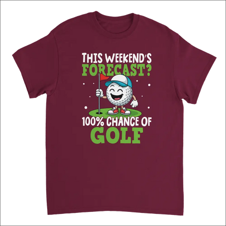 Maroon short-sleeved golf t-shirt with cartoon ball, flagstick, and 100% chance of golf text