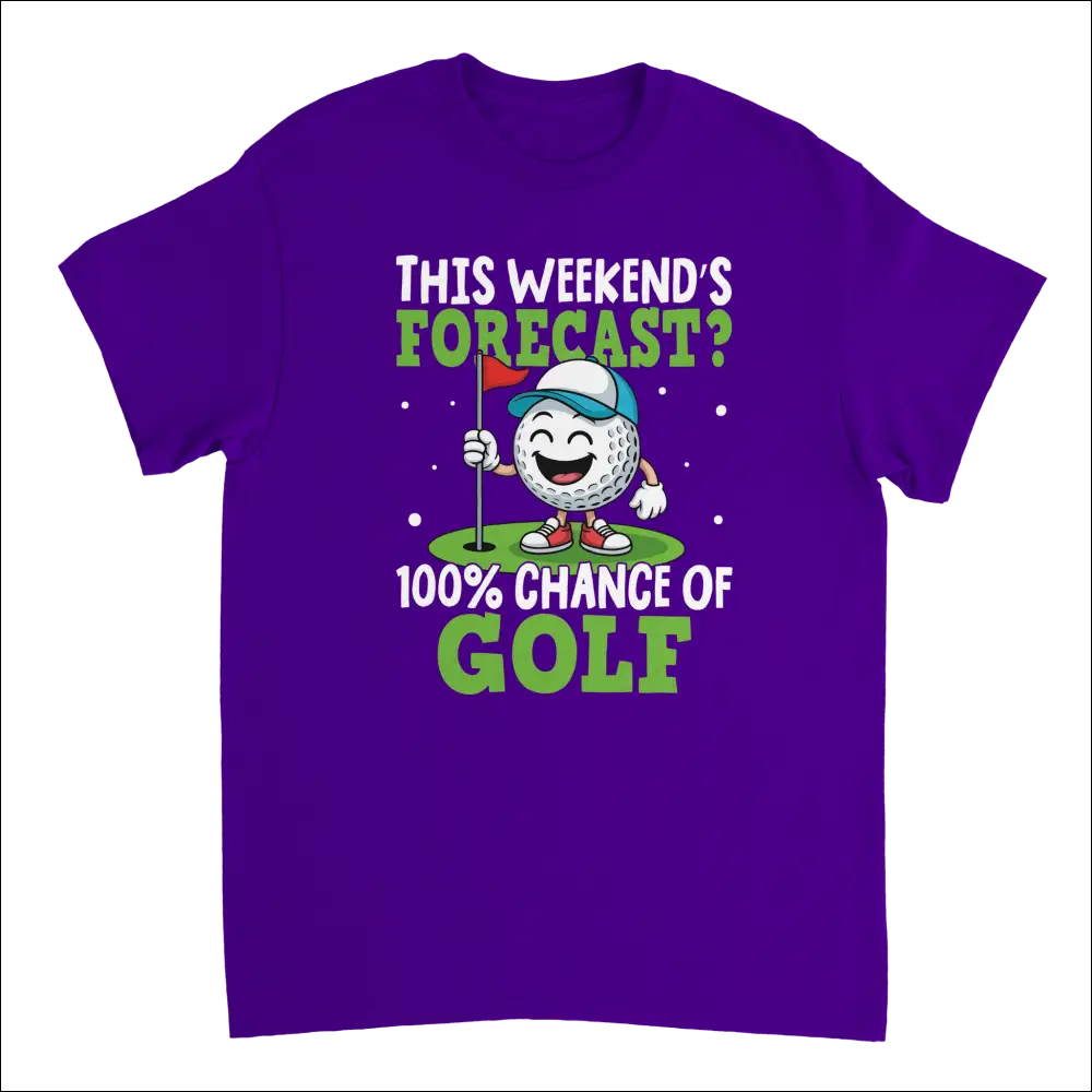 Purple short-sleeved t-shirt with cartoon golf ball holding flag and text 100% chance of golf
