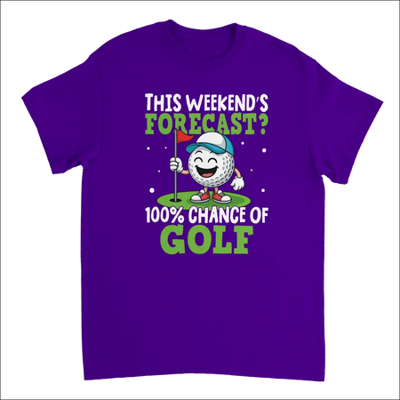 Purple short-sleeved t-shirt with cartoon golf ball holding flag and text 100% chance of golf