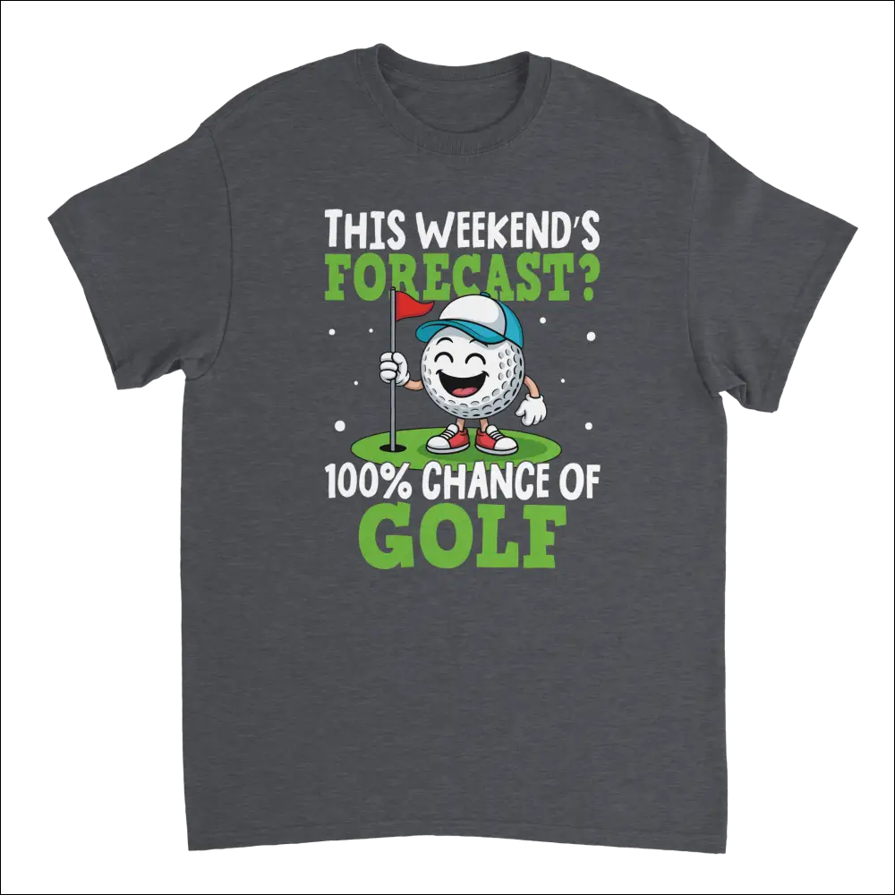 Dark gray golf t-shirt with cartoon ball, cap, shoes, flagstick, and forecast text