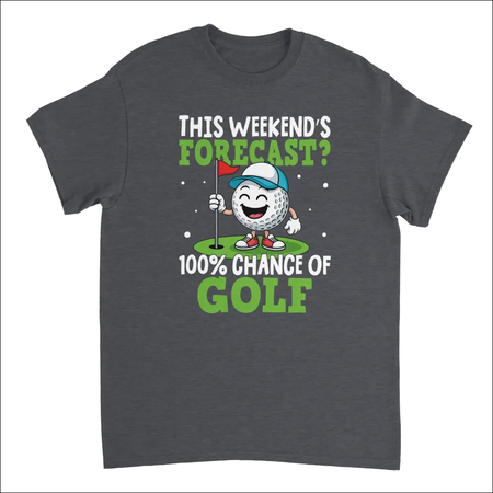 Dark gray golf t-shirt with cartoon ball, cap, shoes, flagstick, and forecast text