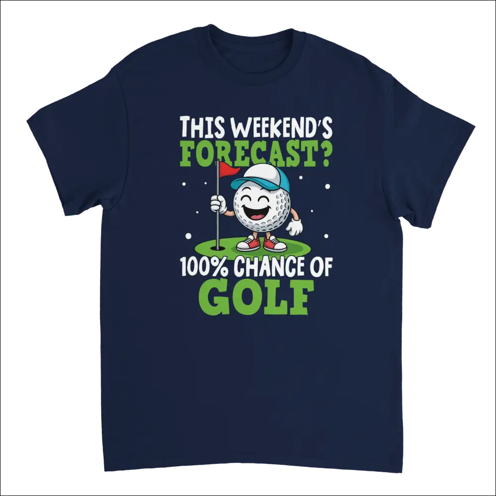 Navy blue golf t-shirt with cartoon ball and 100% chance of golf text