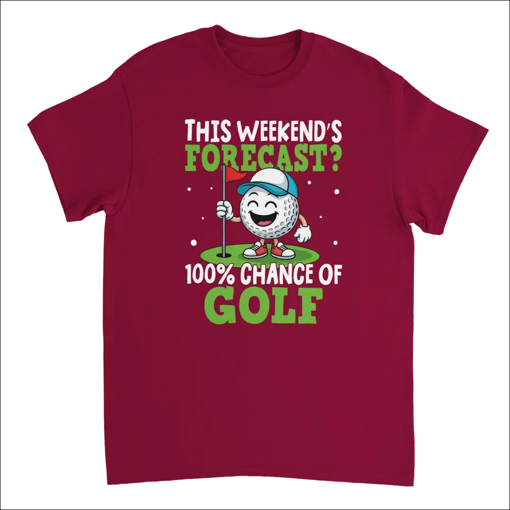 Maroon short-sleeve golf t-shirt with cartoon ball, cap, flag and 100% chance of golf text