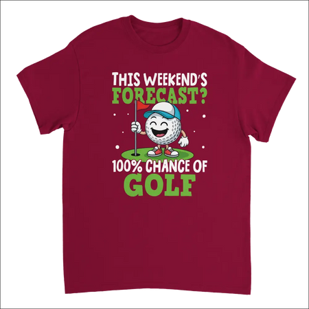 Maroon short-sleeve golf t-shirt with cartoon ball, cap, flag and 100% chance of golf text